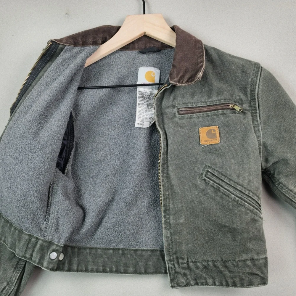 Carhartt Detroit Jacket Kids 6/7 Green Blanket Lined Chore Coat Brown Collar Y2K